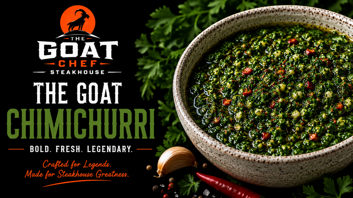 The GOAT Chimichurri in a bowl with fresh parsley, cilantro, garlic, Fresno chile and olive oil.