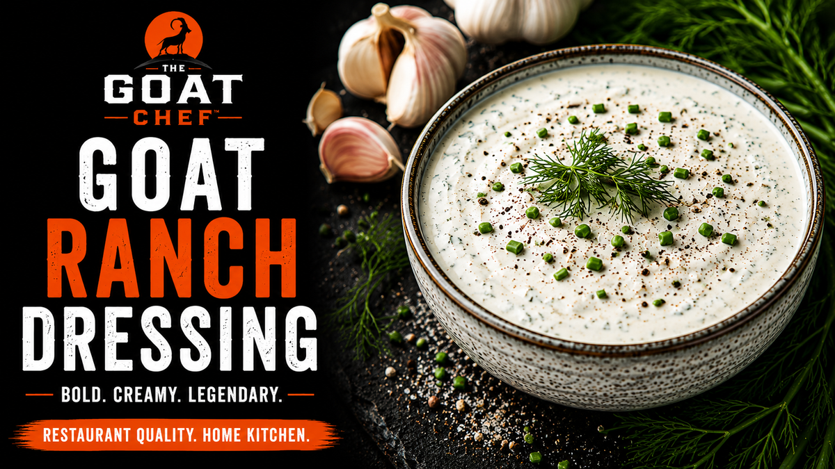 GOAT Ranch Dressing in a ceramic bowl with fresh dill, chives, garlic, and cracked black pepper