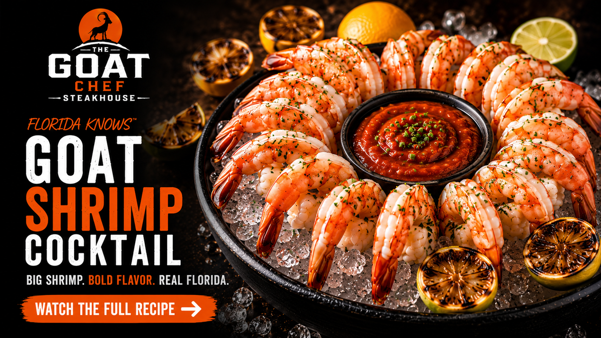 Jumbo Gulf shrimp cocktail on ice with homemade cocktail sauce and charred citrus