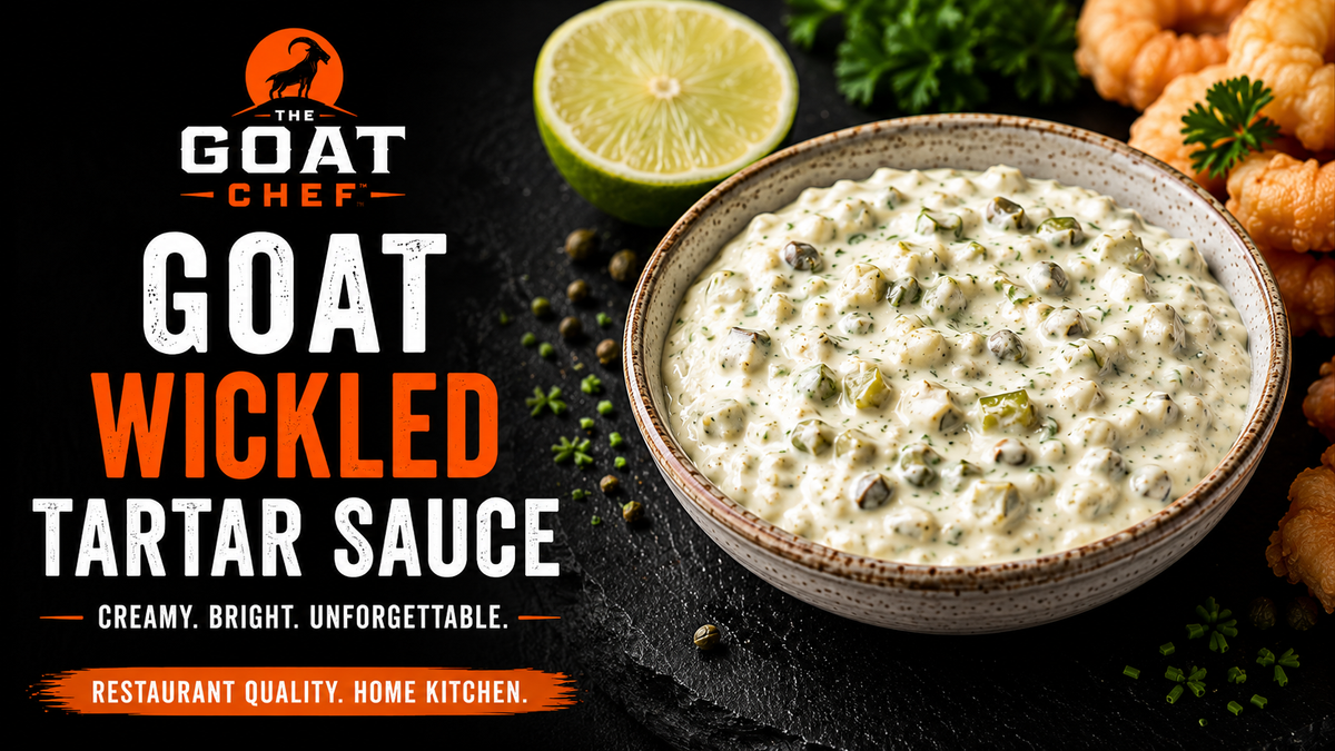 GOAT Wicked Tartar Sauce in a ceramic bowl with lime, capers, fresh herbs, and fried seafood