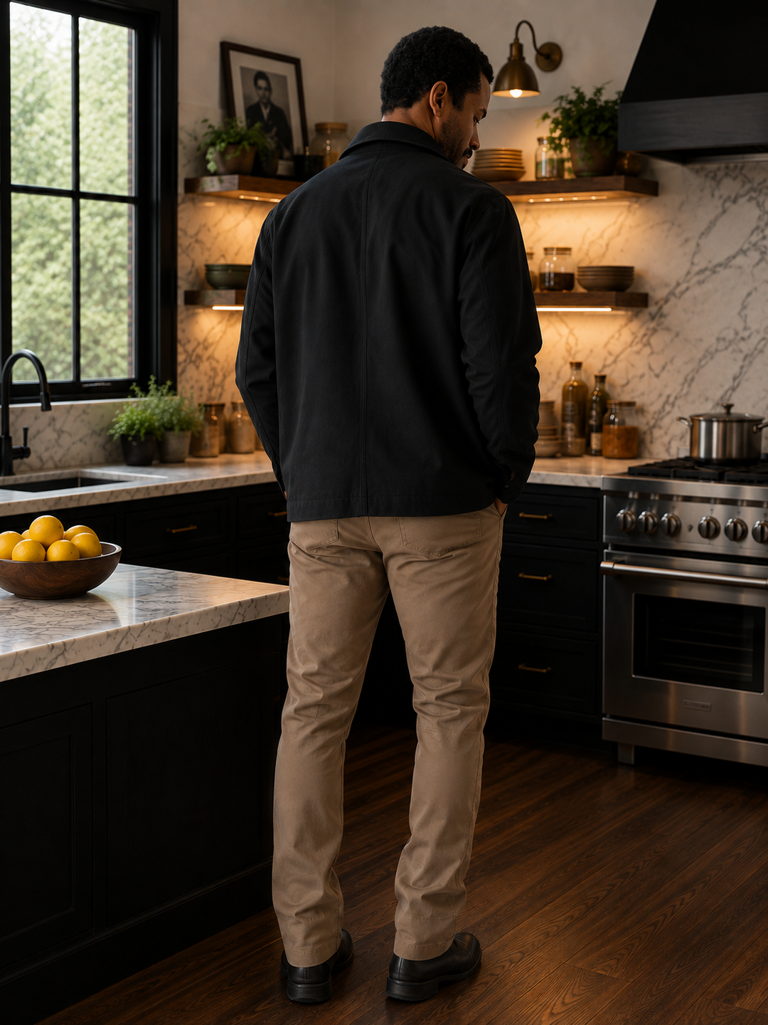 THE GOAT CHEF Executive Chore Coat in black, back view