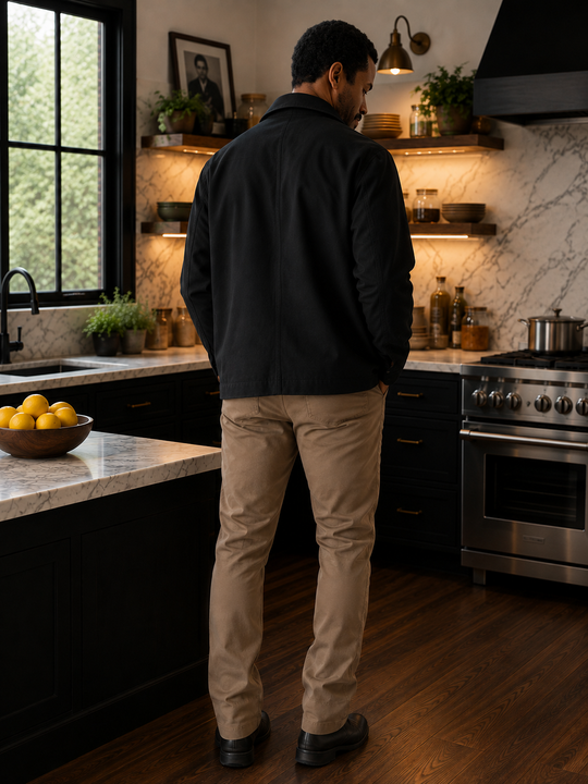 THE GOAT CHEF Executive Chore Coat in black, back view