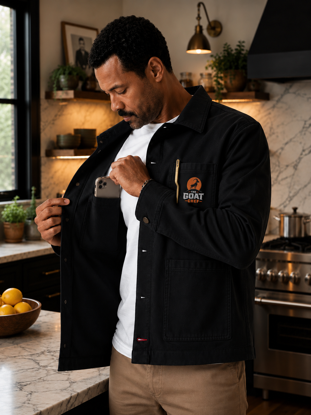 Black Executive Chore Coat chest pocket and embroidered GOAT Chef logo detail