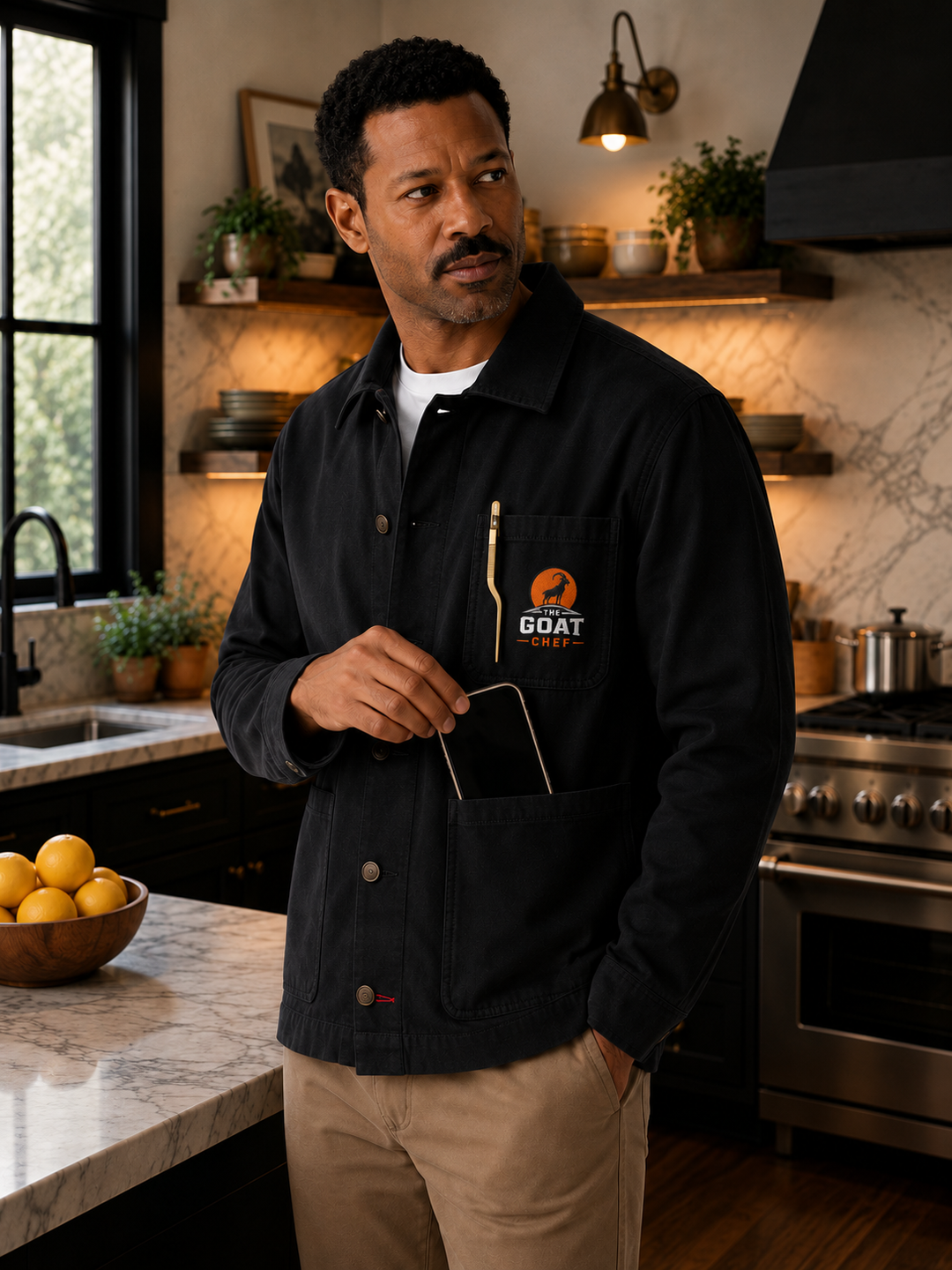 THE GOAT CHEF Executive Chore Coat in black, front view
