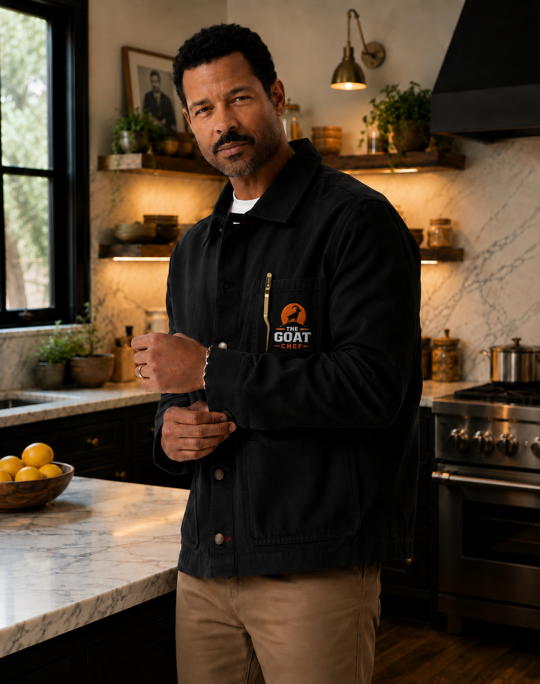THE GOAT CHEF Executive Chore Coat in black, alternate front view