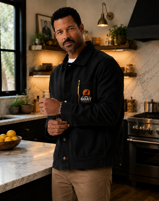 THE GOAT CHEF Executive Chore Coat in black, alternate front view