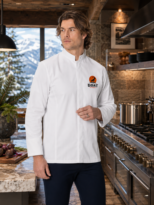 The GOAT Chef™ Bragard Garden Chef Coat in White, front view