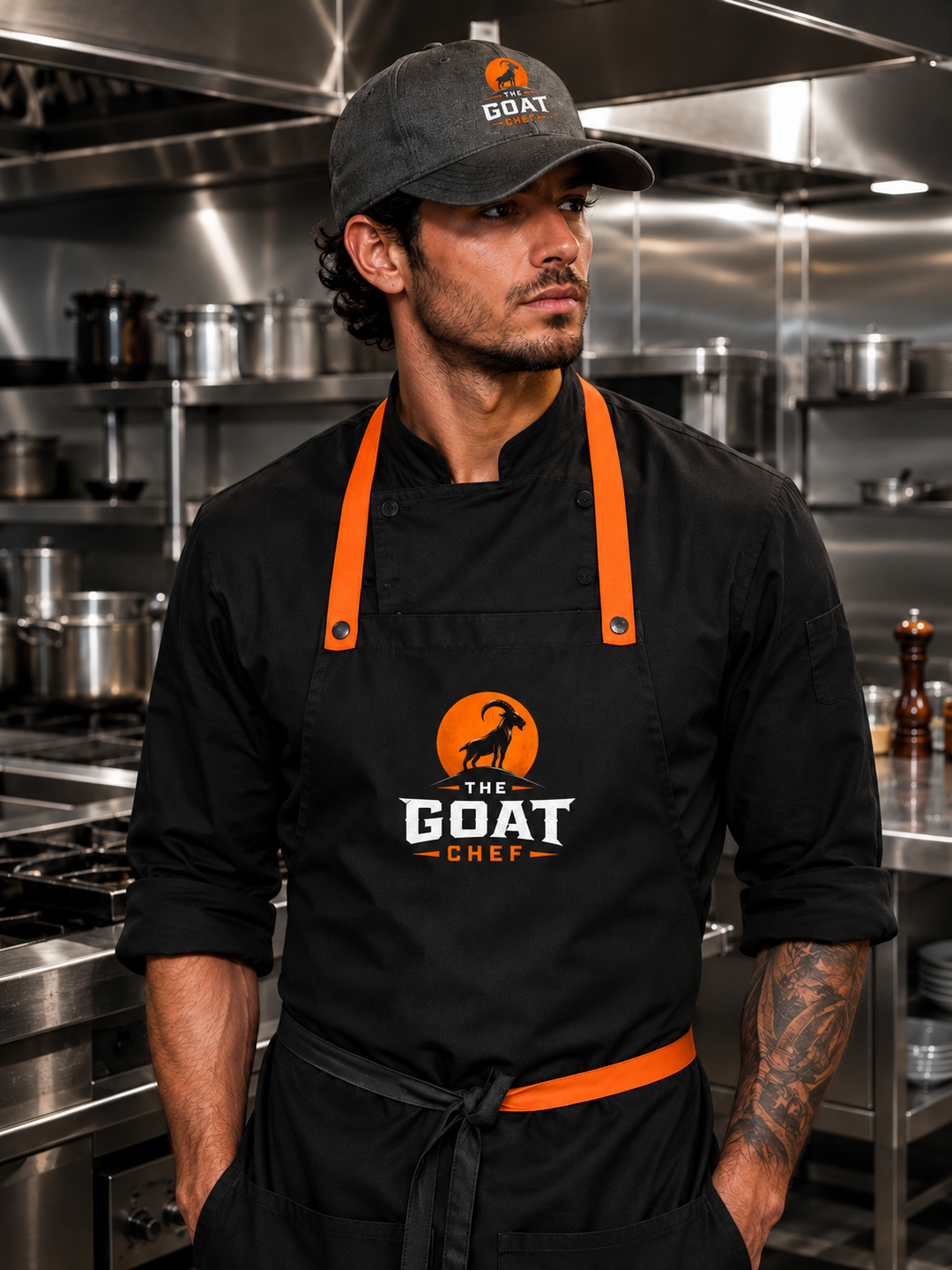 The GOAT Chef™ Frisco Snap Butcher Apron in black with orange straps worn over black chefwear