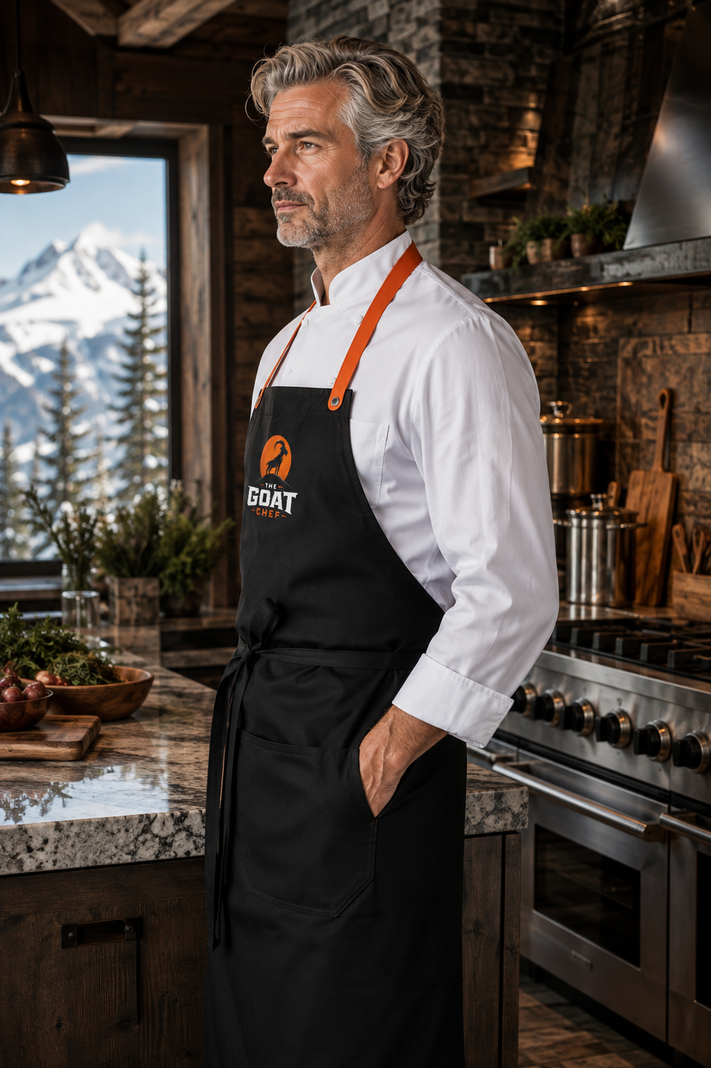 Side view of The GOAT Chef™ Frisco Snap Butcher Apron in black with orange straps