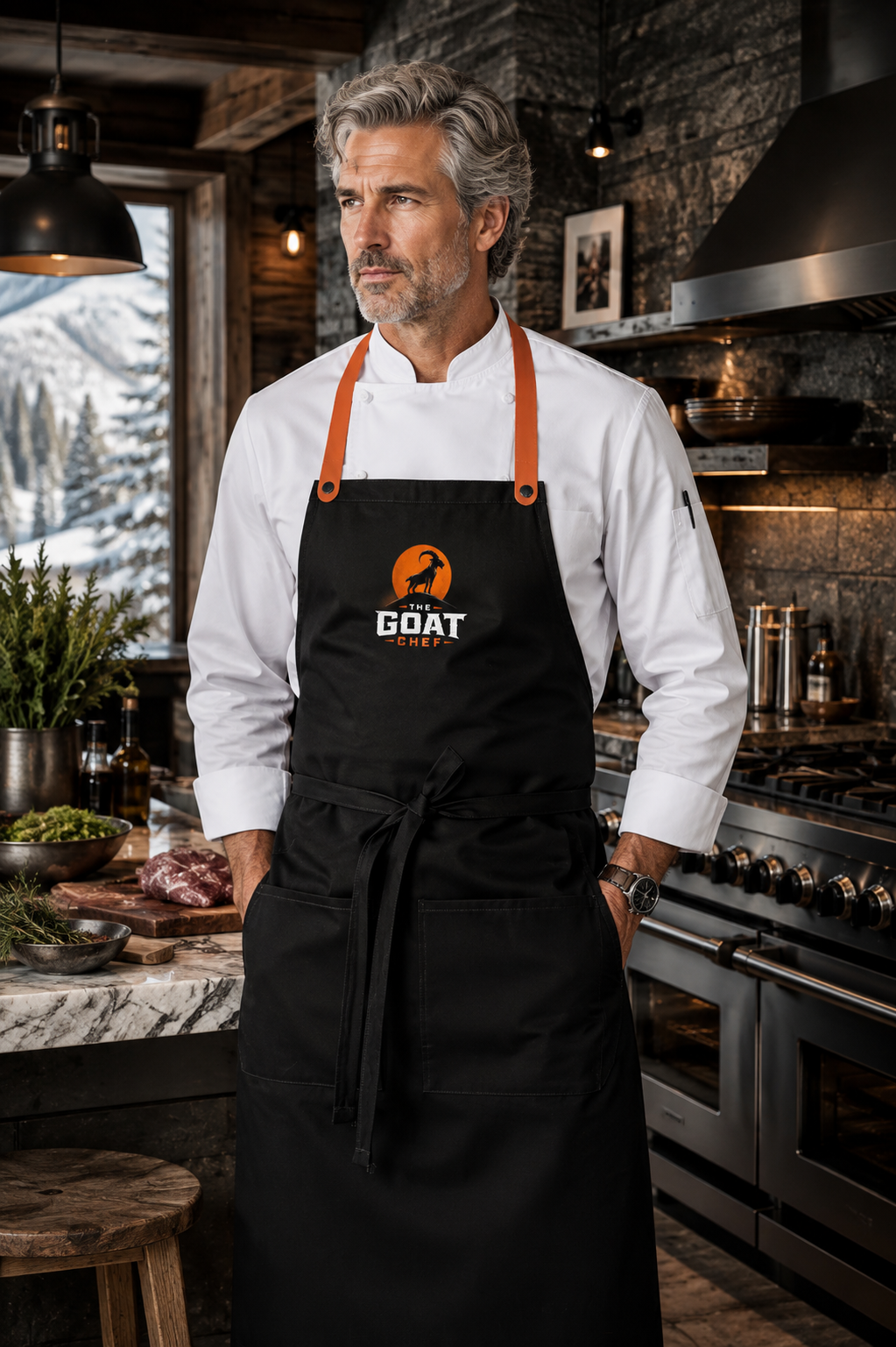 The GOAT Chef™ Frisco Snap Butcher Apron in black with orange straps worn by a chef in a professional kitchen