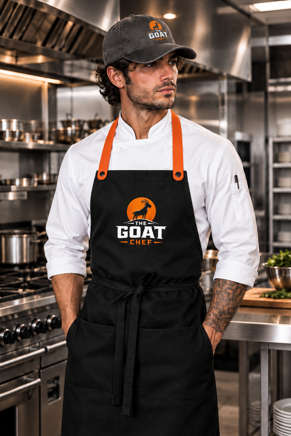 The GOAT Chef™ Frisco Snap Butcher Apron in black with orange straps worn over a white chef coat