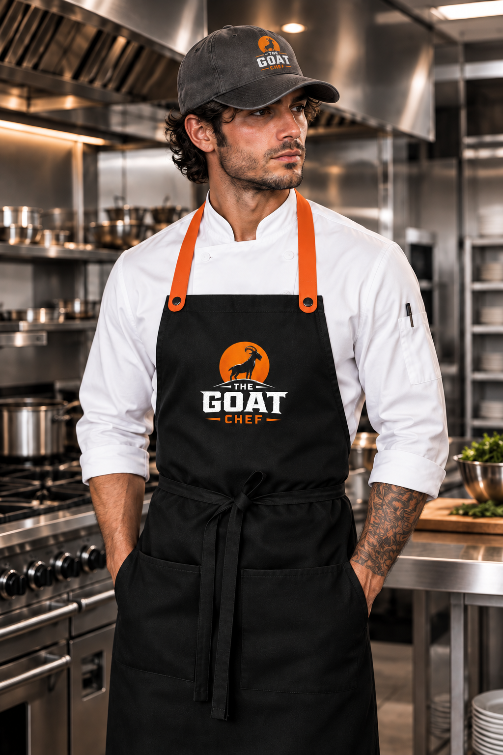 The GOAT Chef™ Frisco Snap Butcher Apron in black with orange straps worn over a white chef coat