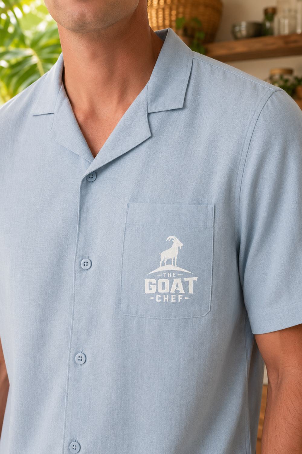White embroidered GOAT Chef logo on Breeze Pismo Camp Shirt