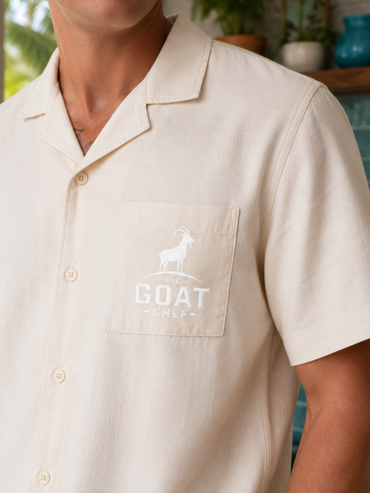 White embroidered GOAT Chef logo on Oat Pismo Camp Shirt