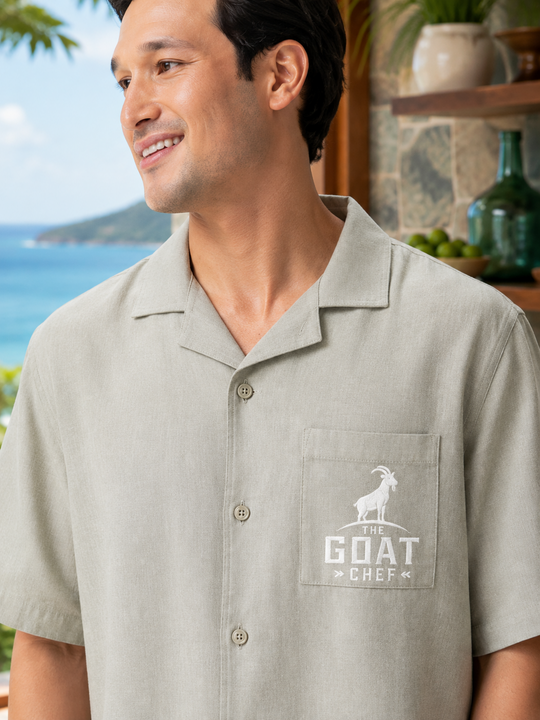 White embroidered GOAT Chef logo on Sage Pismo Camp Shirt