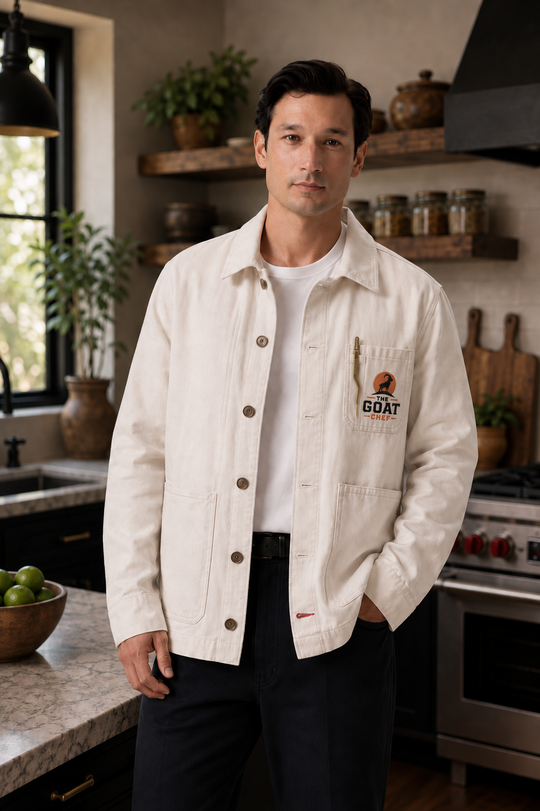 THE GOAT CHEF Executive Chore Coat in oatmeal, front view