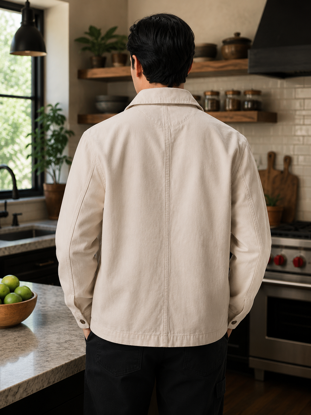 The GOAT Chef™ Executive Chore Coat in Oatmeal, back view