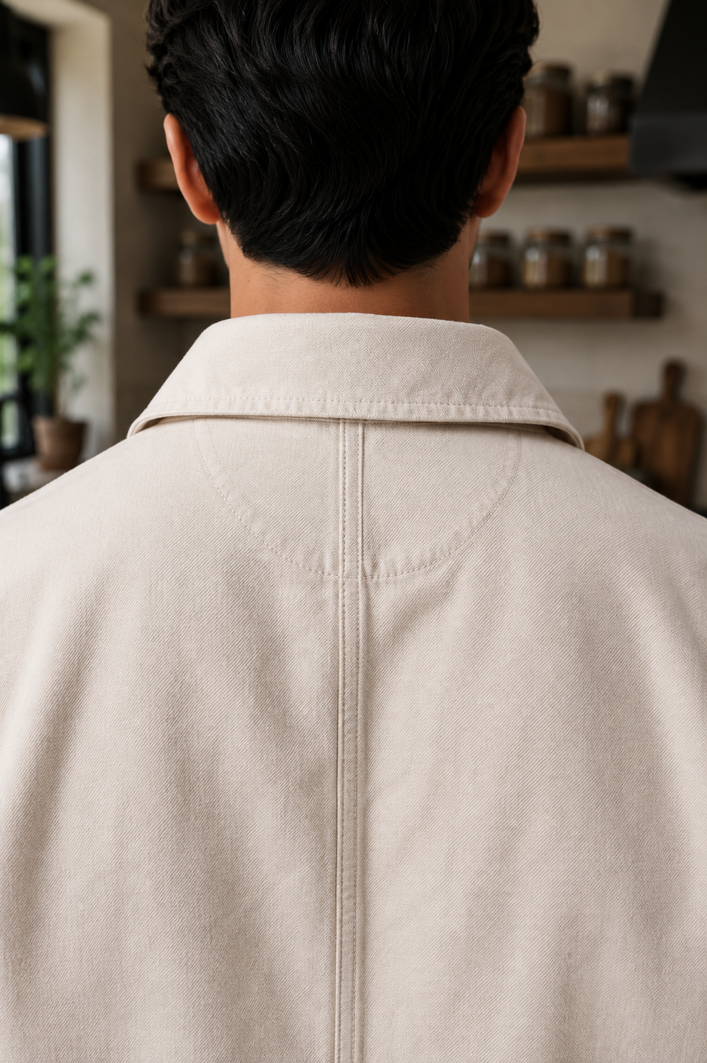 Oatmeal Executive Chore Coat collar and back seam detail